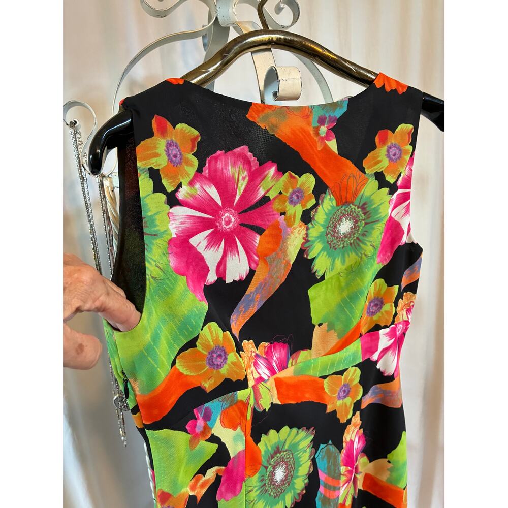 Tribal Dress Vintage A-Line Vibrant Tropical Floral Ruffle Hem V-Neck Lined Sz 8 - Picture 6 of 9